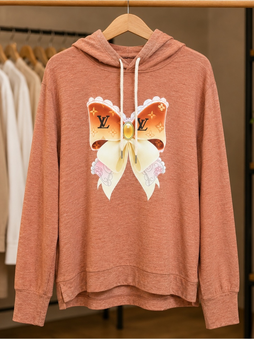 Women’s Plus Size  Rust Hoodie Top with Decorative Bow Graphic